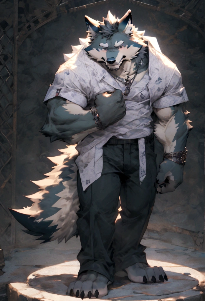 4K, high resolution, best qualityer, perfect colors, perfectly shadowed, perfect lighting,velues, anthropo, velues art, male wolf, gray wolf, (two tone skin), hairy bodies, purples eyes, (seducing gaze), shapely body, perfect male figure, Wear men's boxing pants,Abdomen,musculature, skin detailed, face detailed, face perfect, detailed back ground, wolf tail, (detailedeyes), perfect pupils