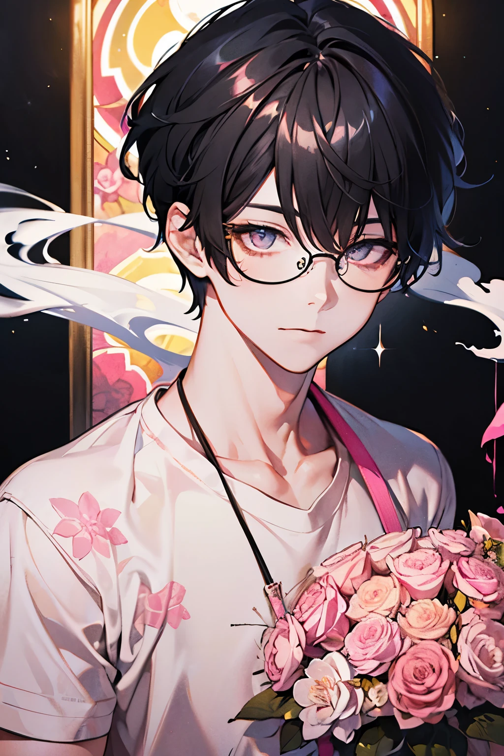Beautiful young men's,black hair, marble color eyes,muscle,Shiny Sparkling eyes,Colorful floral short-sleeved sweatshirt,(smokes),Alley, smoke,high quality, amount of drawing, pixiv illustration,beautiful image,perfect pixiv,upper body,smile,glasses,(White,yellow,pink,black)
