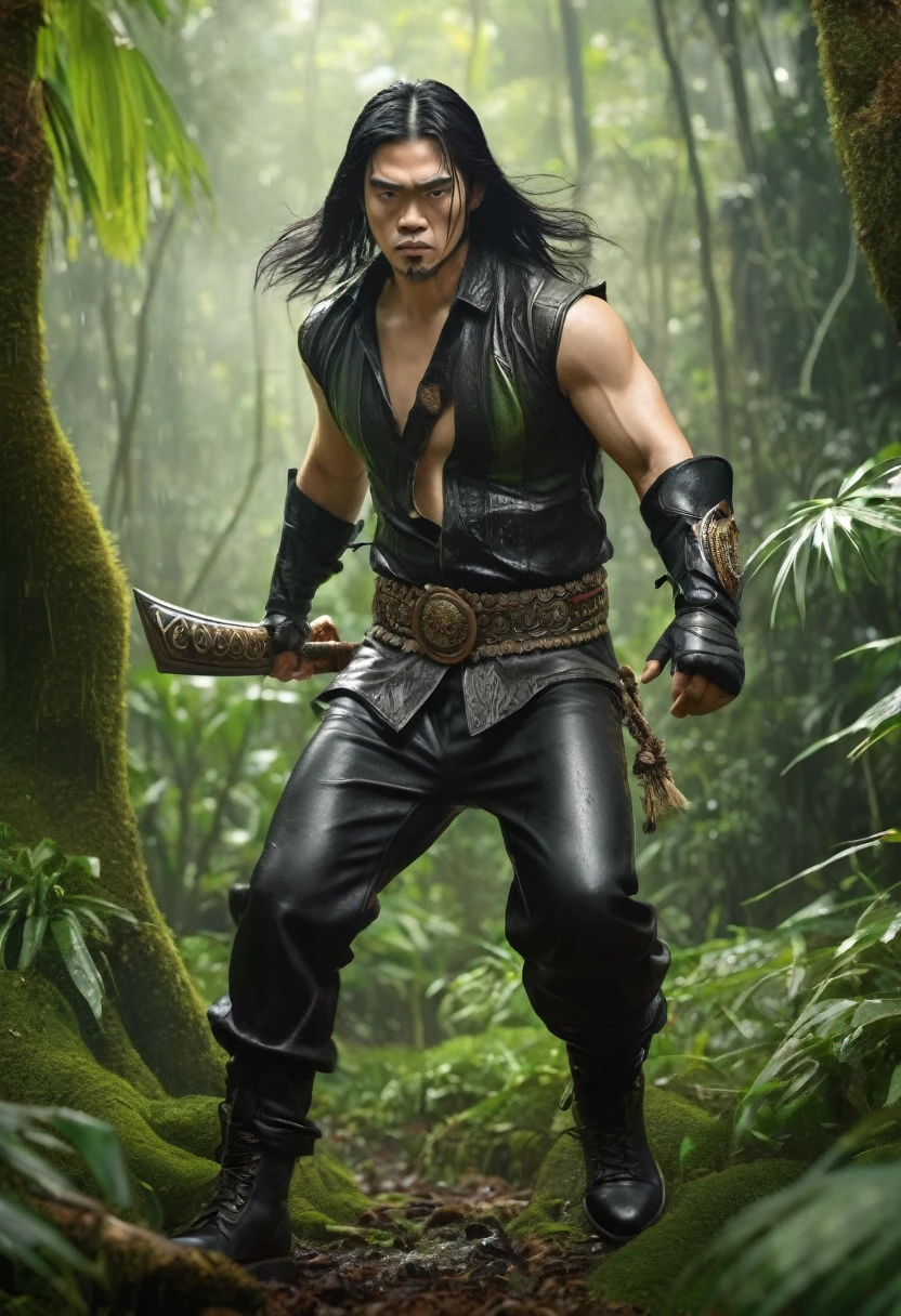 poster of the movie (“TOMBIRUO”), title, and credits, highest, ultra-detailed, vivid colors, dramatic lighting, realistic, a muscular Malay man 35yo, long black-haired, pose in fighting action at the middle of a rain forest, large trees, wet and green, with a wooden mask holding a Sarawak Iban parang, wearing long black trousers, Leather Arm Guards, high-cut leather boots, bokeh, cinematic, creative design, compelling poster design, visually stunning, visually engaging, attention-grabbing, memorable, film posters