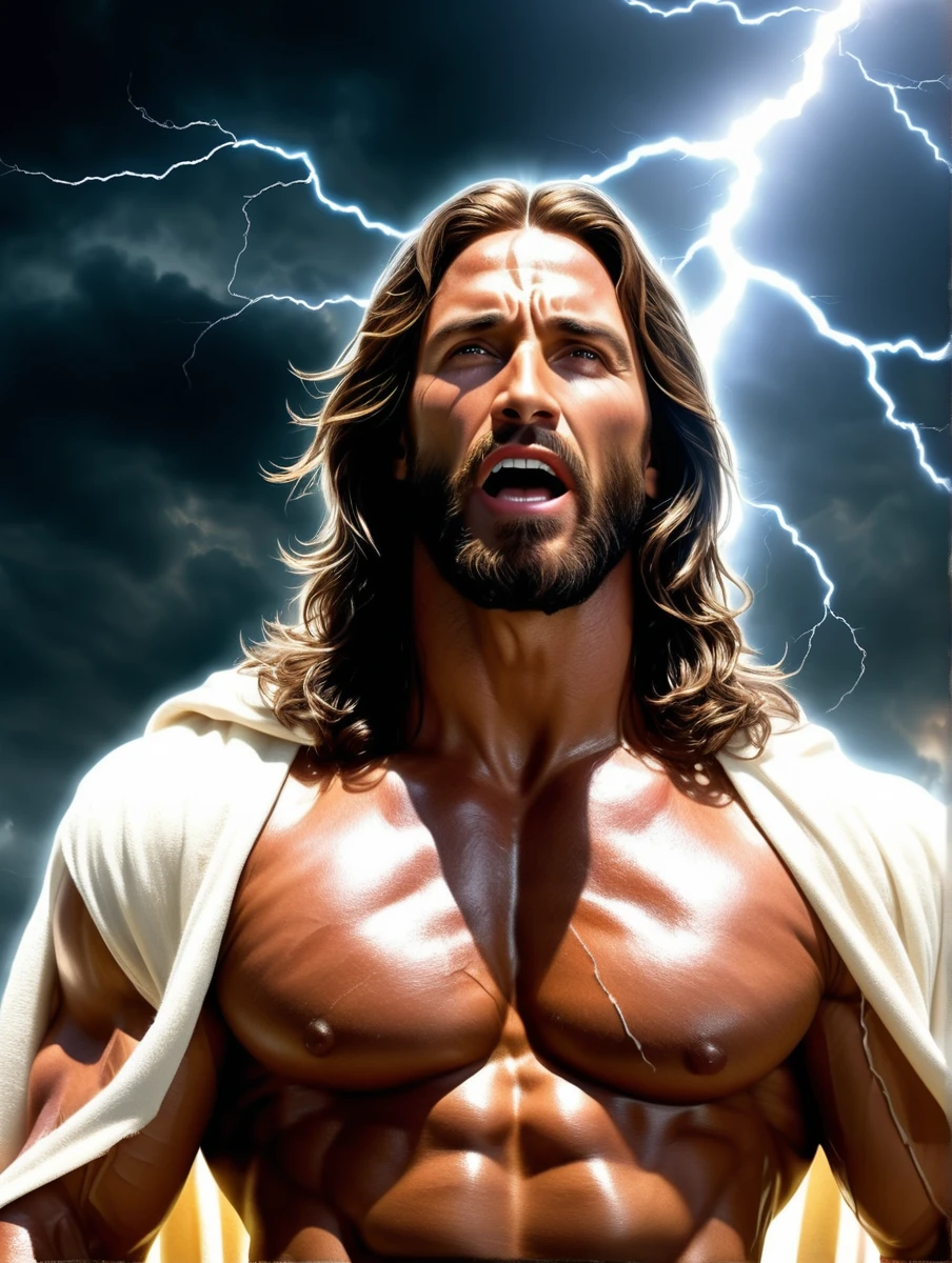 Create an image with ultra realistic muscular Jesus with tearing clothes with so much muscle that Jesus has a face with a sovereign expression with a Lightning in his hand expelling demons with an ultra realistic HD paradise background