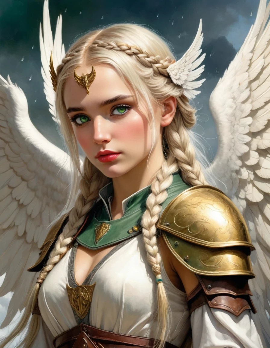 very attractive 25 year old caucasian girl with long platinum blonde hair, Reality, dark fantasy style, John Tolkien style, Small painting by Jean-Baptiste Monge, portraite of a, looks from the front, Soft facial features,  Angel Girl, hugs a horse with wings, Average height, dark pink lips, thin lip shape ,"Cool eyebrows in the shape of Angryburts, dark brown eyes, green colored eyes, drooping eye shape, drooping corner of the eye, looking at away,  hair braided in a long thick tight braid,  classic braid, hairstyle with classic braid, duck nose shape,  in the hands of the sword of the heavenly warrior,   Human Hand, Very clear without flaws with five fingers ,in the form of a Valkyrie,  Carol Buck style, behind his back are huge open angel wings, Sword in hand,Human Hand, Very clear without flaws with five fingers  ,Slightly naked, Priestesses, dressed in white and gold clothes, holy golden armor, Celestial Queen,  next to him stands a white horse with wings, in the foreground hugs a horse, rain dripping in the foreground, The sky, rainbow, Jean-Baptiste Monge, anthropomorphic --ar 2:3 --testp -optimistic;