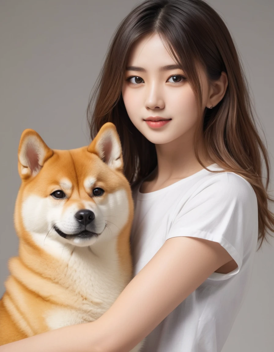 Attractive girl playing with young Shiba Inu,Compressed Realism