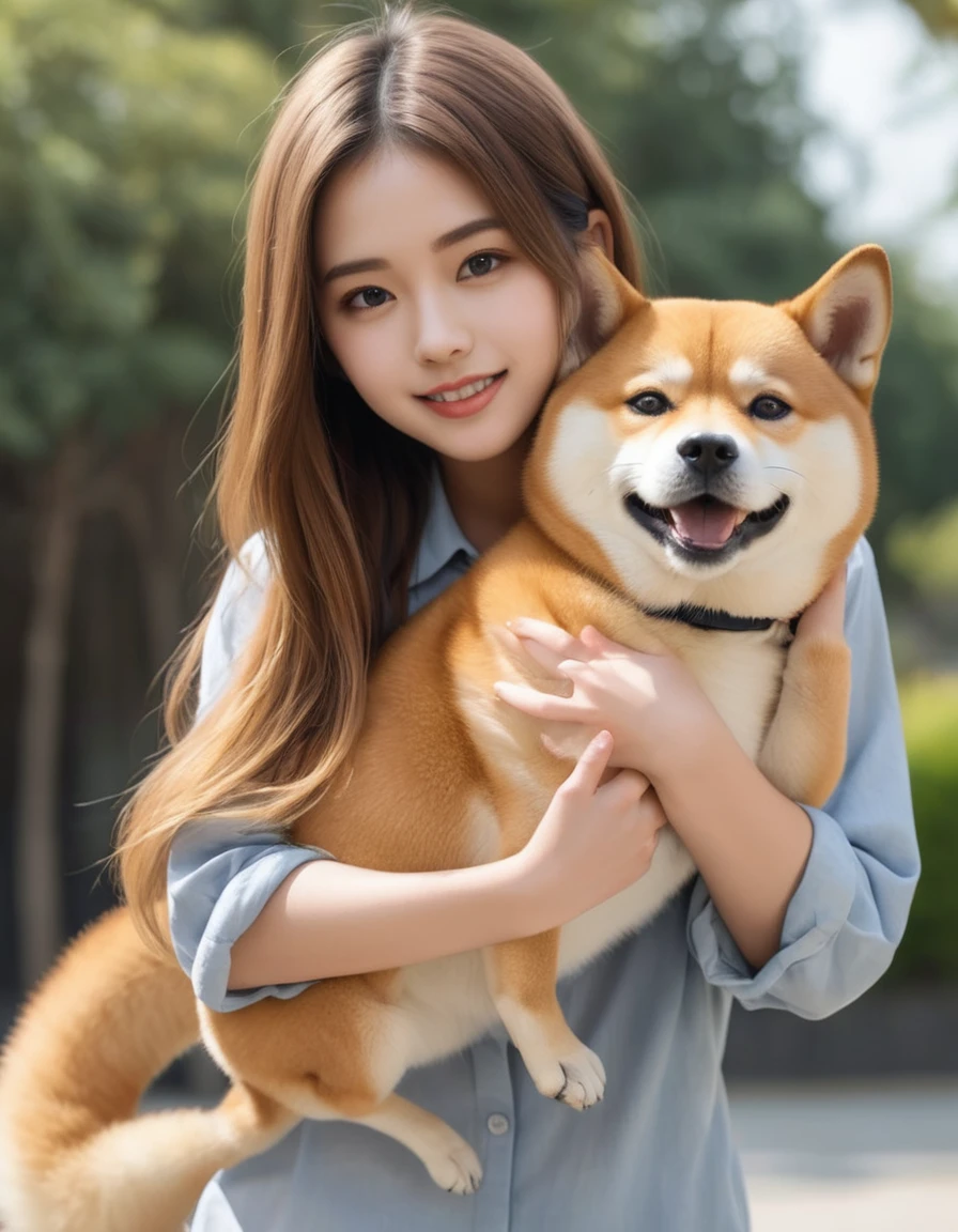 Attractive girl playing with young Shiba Inu,Compressed Realism