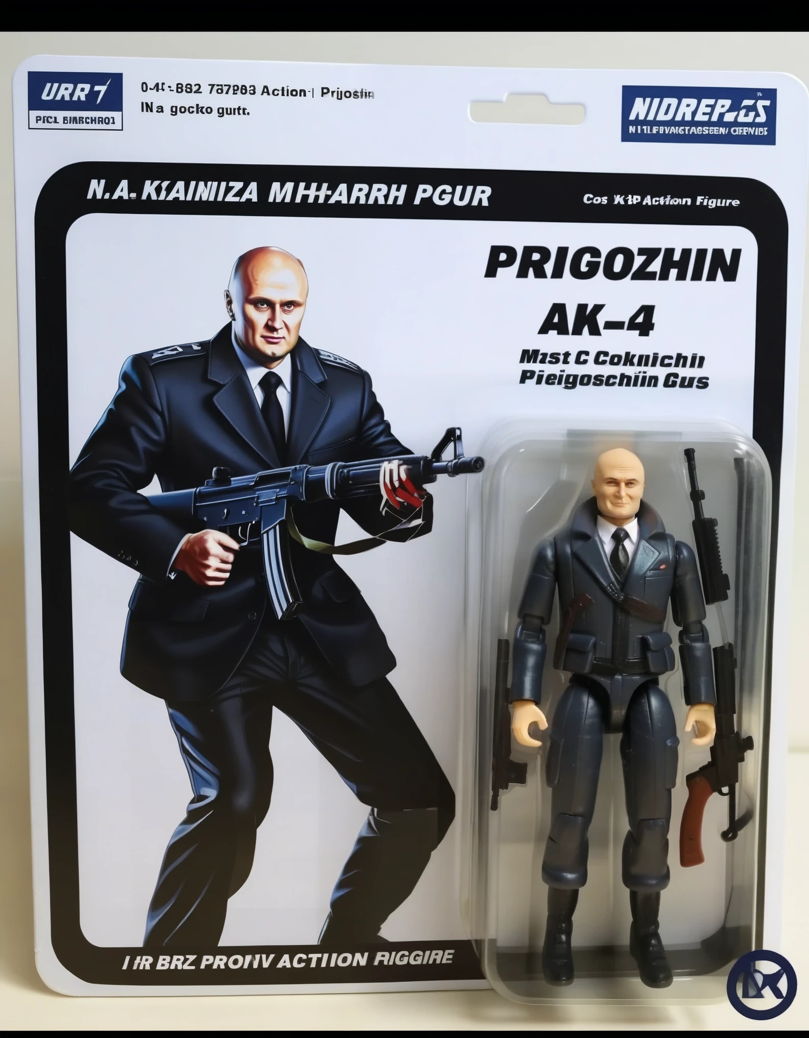 An action figure of Prigozhin in a plastic box, resembling a photograph. The figure is in a Excitement in standing with a AK-74machinegun, wearing dark grey suits, The packaging displays Prigozhin's dynamic in-life moments and his signature interpretation,