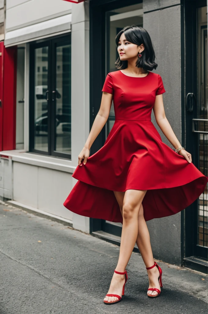 Android girl in red and white dress