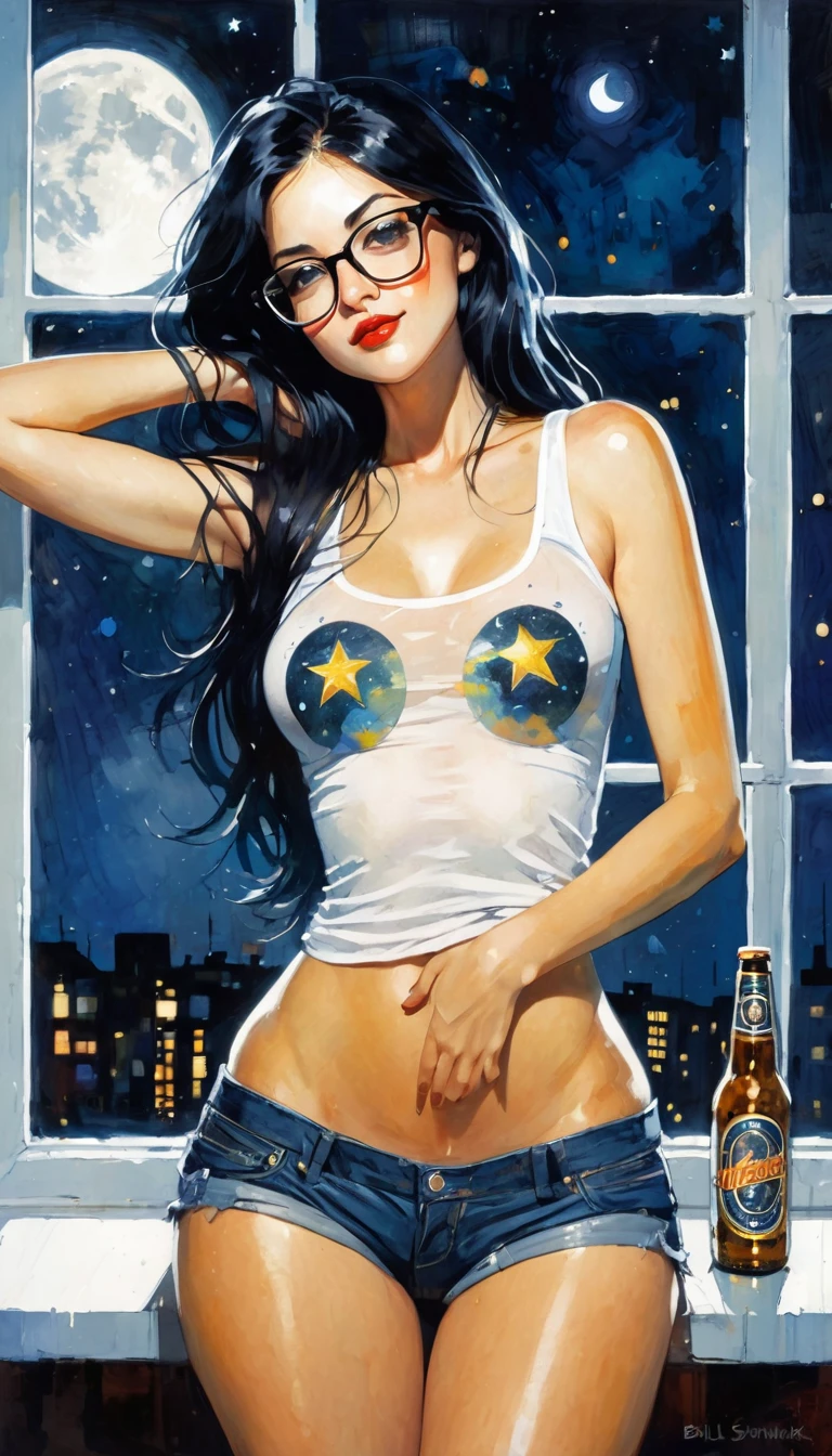 very , long black hair, glasses, panties and transparent white tank top, squeezes her  with her arms, small ,  look, beer, large window with views of the night, stars, moon, (inspired art in Bill Sienkiewicz). oil painting)
