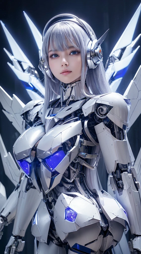 ((Intense action pose:1.6))、((Shining lenses on both breasts:1.3))、((Blue pillars of light are emanating from both chests.:1.3))、smile、((8K)), ((32k)), ((Highest quality)), ((masterpiece)), ((超A high resolution)), ((Tmasterpiece)), ((Halation:1.4))、((Mechaニカルheadgear:1.2))、((Cyber headphones:1.3))、Fine skin, High quality fabric, Fine metal texture、((Beautiful and dense face))、RAW Photos、Professional, Ultra-fine painting, ((alone)), Beautiful breasts、Highest quality, Very detailed, Very detailed詳細, Finer details, so beautiful, ((Princess Knight Robot:1.2)), (Joints of machines, Mechanical Limbs:1.3), (The internal structure of the machine is exposed:1.3), (Long silver hair:1.1), (Beautiful and huge mechanical breasts)、White Veil, cowboy_shot, Side Focus, headgear, Shiny、(Five Fingers, Four fingers and thumb),Concept Art, Anime fantasy artwork, Detailed fantasy art, (with pale blue-violet hair and large white wings,,,,,,,), (((Long silver hair))), (Mecha:1.6)、Sleek and intimidating design, ((Commander-in-Chief'arm)), (Perfect robot body)、純白と青紫armまたは, Symmetrical wings, 8K high quality, detailed art, 3D rendering of character art in 8K, neat legs, Defined, Defined fingers,