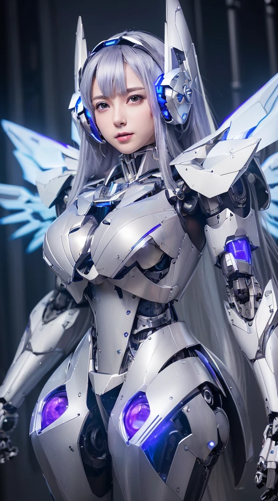 ((Intense action pose:1.6))、((Shining lenses on both breasts:1.3))、((Blue pillars of light are emanating from both chests.:1.3))、smile、((8K)), ((32k)), ((Highest quality)), ((masterpiece)), ((超A high resolution)), ((Tmasterpiece)), ((Halation:1.4))、((Mechaニカルheadgear:1.2))、((Cyber headphones:1.3))、Fine skin, High quality fabric, Fine metal texture、((Beautiful and dense face))、RAW Photos、Professional, Ultra-fine painting, ((alone)), Beautiful breasts、Highest quality, Very detailed, Very detailed詳細, Finer details, so beautiful, ((Princess Knight Robot:1.2)), (Joints of machines, Mechanical Limbs:1.3), (The internal structure of the machine is exposed:1.3), (Long silver hair:1.1), (Beautiful and huge mechanical breasts)、White Veil, cowboy_shot, Side Focus, headgear, Shiny、(Five Fingers, Four fingers and thumb),Concept Art, Anime fantasy artwork, Detailed fantasy art, (with pale blue-violet hair and large white wings,,,,,,,), (((Long silver hair))), (Mecha:1.6)、Sleek and intimidating design, ((Commander-in-Chief'arm)), (Perfect robot body)、純白と青紫armまたは, Symmetrical wings, 8K high quality, detailed art, 3D rendering of character art in 8K, neat legs, Defined, Defined fingers,