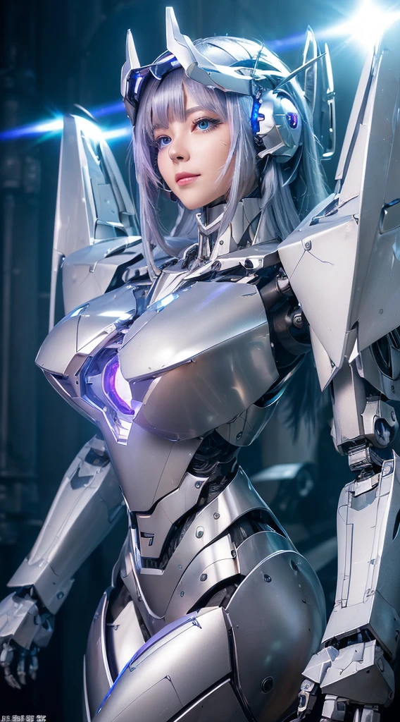 ((Intense action pose:1.6))、((Shining lenses on both breasts:1.3))、((Blue pillars of light are emanating from both chests.:1.3))、smile、((8K)), ((32k)), ((Highest quality)), ((masterpiece)), ((超A high resolution)), ((Tmasterpiece)), ((Halation:1.4))、((Mechaニカルheadgear:1.2))、((Cyber headphones:1.3))、Fine skin, High quality fabric, Fine metal texture、((Beautiful and dense face))、RAW Photos、Professional, Ultra-fine painting, ((alone)), Beautiful breasts、Highest quality, Very detailed, Very detailed詳細, Finer details, so beautiful, ((Princess Knight Robot:1.2)), (Joints of machines, Mechanical Limbs:1.3), (The internal structure of the machine is exposed:1.3), (Long silver hair:1.1), (Beautiful and huge mechanical breasts)、White Veil, cowboy_shot, Side Focus, headgear, Shiny、(Five Fingers, Four fingers and thumb),Concept Art, Anime fantasy artwork, Detailed fantasy art, (with pale blue-violet hair and large white wings,,,,,,,), (((Long silver hair))), (Mecha:1.6)、Sleek and intimidating design, ((Commander-in-Chief'arm)), (Perfect robot body)、純白と青紫armまたは, Symmetrical wings, 8K high quality, detailed art, 3D rendering of character art in 8K, neat legs, Defined, Defined fingers,