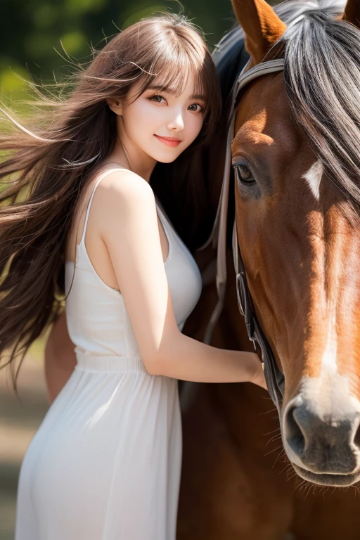A beautiful young girl, dramatic effect,full body,long shot,((cute smile)),((riding on the horse)),((big eyes)),fine details,high resolution, high quality,(catch light in eyes),Perfect dynamic composition, bangs,Beautiful and delicate eyes, Medium long hair, huge,natural color lips,Kamimei,(20 year old girl)、1 person、clear skin、glowing hair, best quality, illustration, Super detailed, fine details, high resolution, 8K、The correct state of the human body、Random pose、Sculpt model pose,hair blowing in the wind