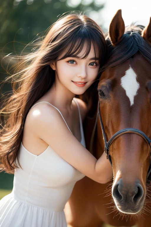 A beautiful young girl, dramatic effect,full body,long shot,((cute smile)),((riding on the horse)),((big eyes)),fine details,high resolution, high quality,(catch light in eyes),Perfect dynamic composition, bangs,Beautiful and delicate eyes, Medium long hair, huge,natural color lips,Kamimei,(20 year old girl)、1 person、clear skin、glowing hair, best quality, illustration, Super detailed, fine details, high resolution, 8K、The correct state of the human body、Random pose、Sculpt model pose,hair blowing in the wind