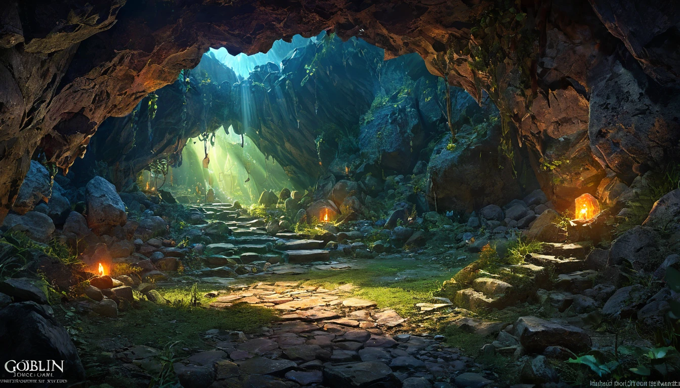 (anime, fantasy), (best quality, high resolution, depth of filed, HDR:1.2), (goblin cave, cavern interior, bones, small boulders scattered, mysterious, dark hue), fantastical landscapes, vibrant colors, spooky, dark enchanted, dangerous atmosphere, beautiful, extremely detailed, intricate, delicate, serene fantasy, light filtering through the trees, bokeh, cinematic lighting, 8k, high quality