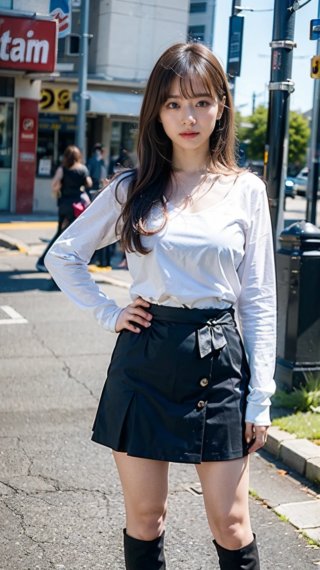 (8K、RAW Photos、Highest quality、masterpiece:1.2)、(Realistic、Photorealistic)、1 Girl、((In town、camisole、Black Mini Skirt、Ribbon on chest、Blonde、Knee socks、boots、Big Breasts、Whittled waistline、Look forward、Standing with hands on hips))、