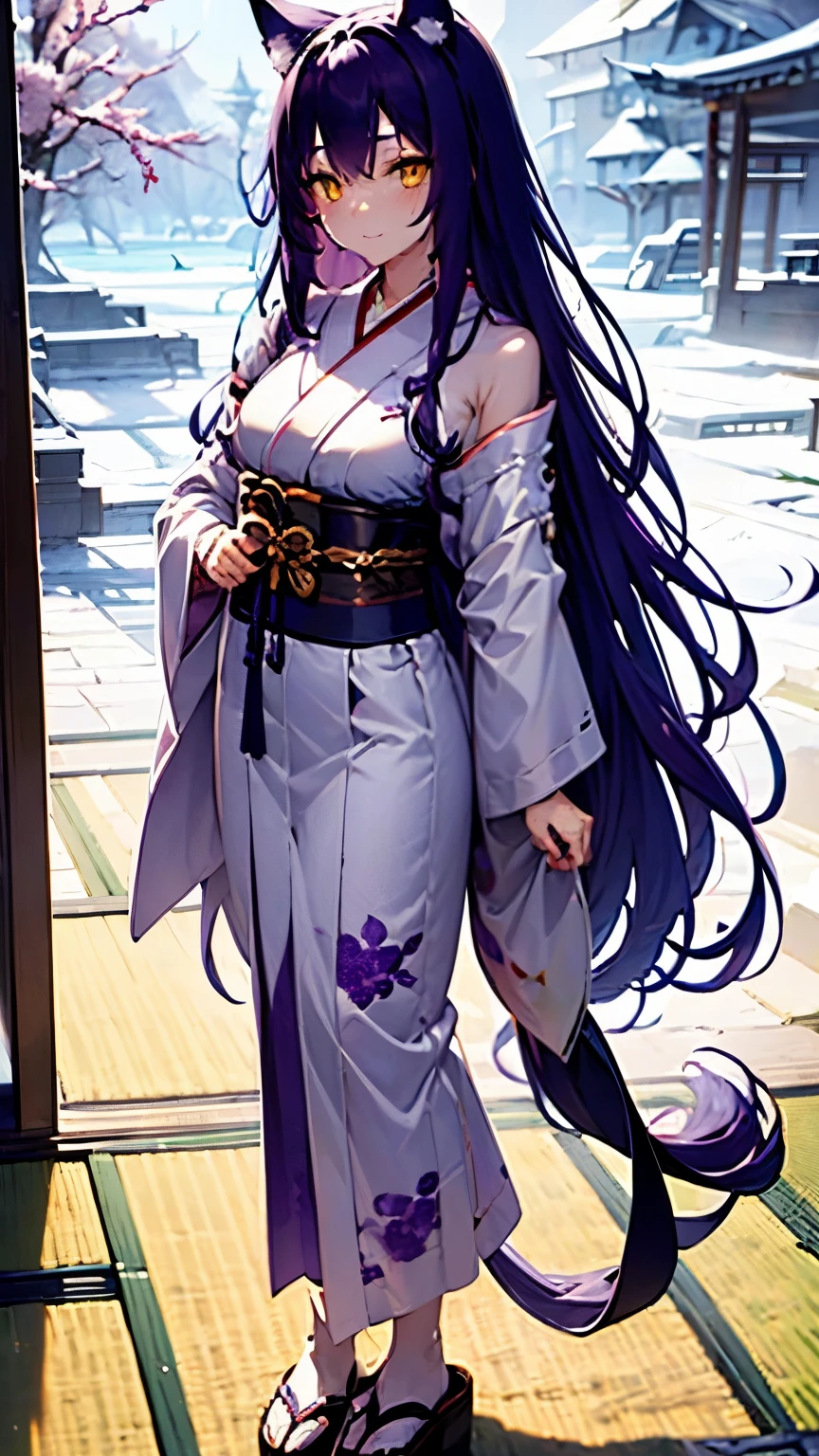 fenrir, ((purple hair)), (ears wolf,) white dress, standing, yellow eyes,  long hair, smile,  beautiful, masterpiece, (upper_body), yukata. japanese clothes