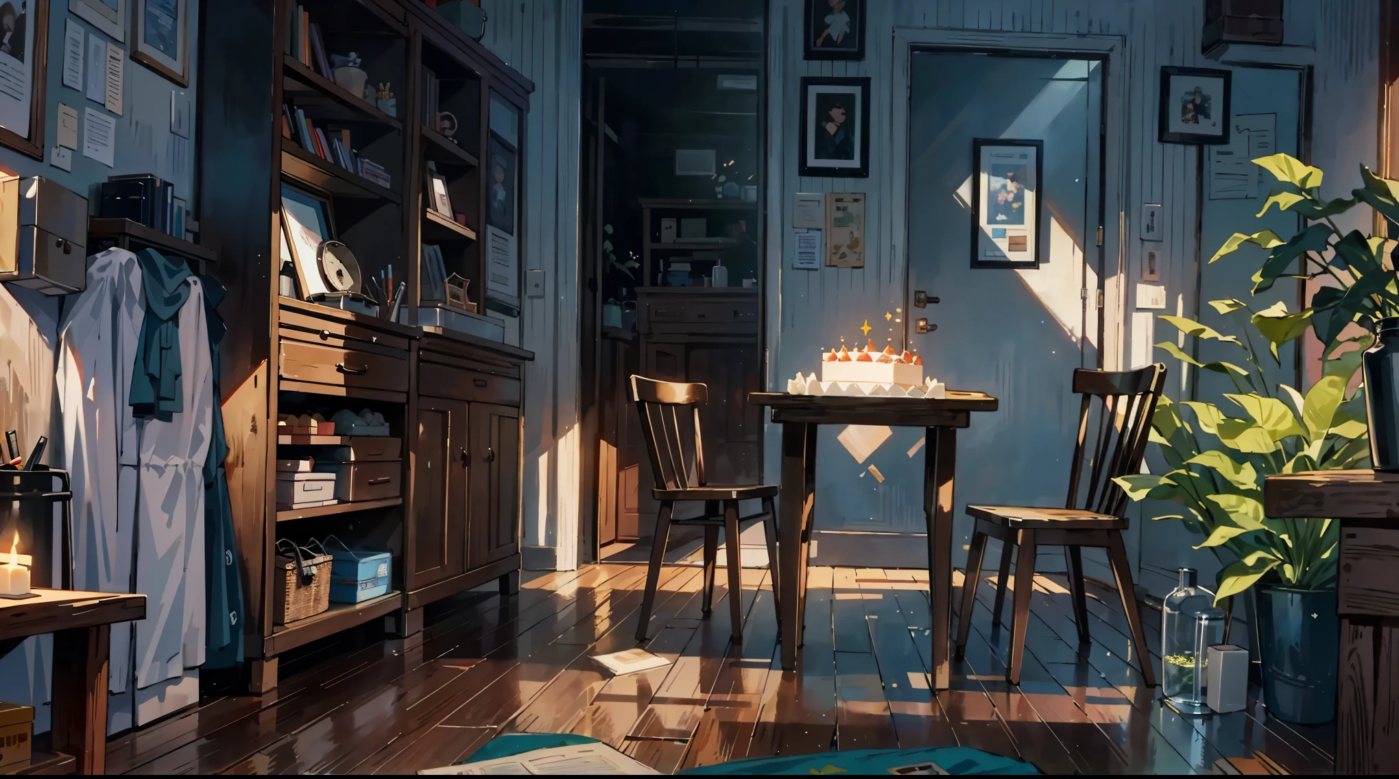 (best quality,masterpiece:1.2,detailed details,4k),A dim old apartment, a small birthday cake on an old wooden table, a modern apartment, an alarm clock on the wall, an anime scene,the wooden floor,
