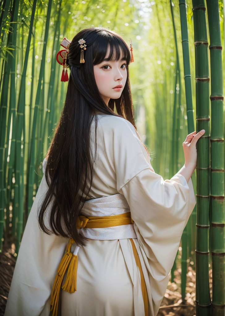 （Realistic, photo-Realistic:1.37),(8K, RAW Photos, Highest quality, masterpiece:1.2), cute, Ultra-detailed, 超High resolution, Kodak Vision Color, Filmed with an Arricam LT camera,Highest quality, Lively, 8K, High resolution, 1 girl, Escape, (Professional Lighting), (Portraiture:0.6), Black Hair, (Medium Hair）,21 years old、slender、Long Hair, Modern photography, In the bamboo grove、bamboo forest、Twelve-layered kimono、Princess of the Edo period、Princess Kaguya、Japan classics、Wearing twelve layers of clothing、

