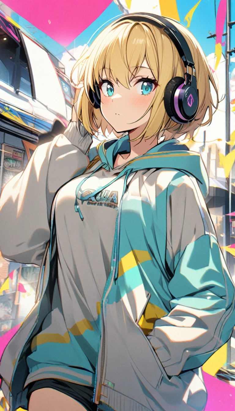 1girl, aqua eyes, blond hair, short hair, headphone, hoodie