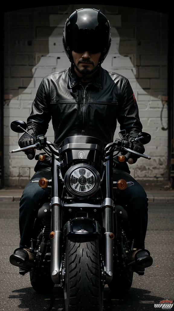 Drawing of a Harley Davidson motorcycle being ridden by a man wearing a black closed helmet. Black and white design for ultra realistic tattoo 