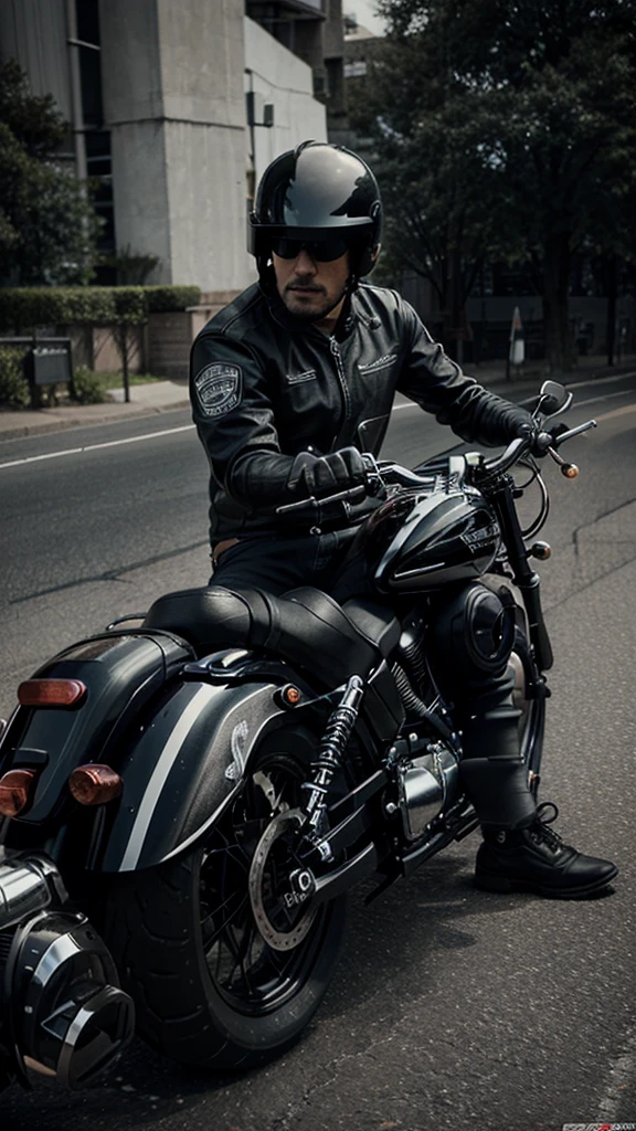 Drawing of a Harley Davidson motorcycle being ridden by a man wearing a black closed helmet. Black and white design for ultra realistic tattoo