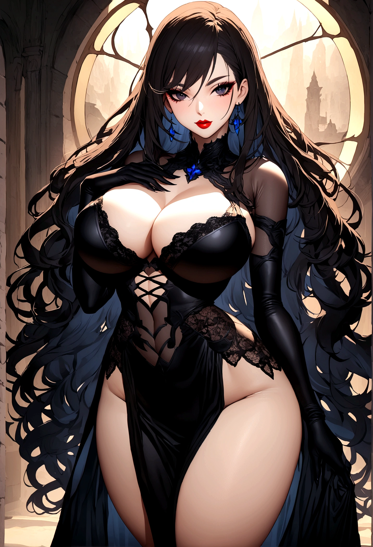 Create an image of a stunningly beautiful perfect dark fantasy girl, Stunningly gorgeous beautiful perfect sexy face, perfect makeup, lipstick, curved eyebrows, long luscious eyelashes, black eyeliner, long luscious hair, curved hour glass body figure, gigantic natural breats, showing cleavage, low cut dress, sexy  fantasy lace dress, fantasy open world,