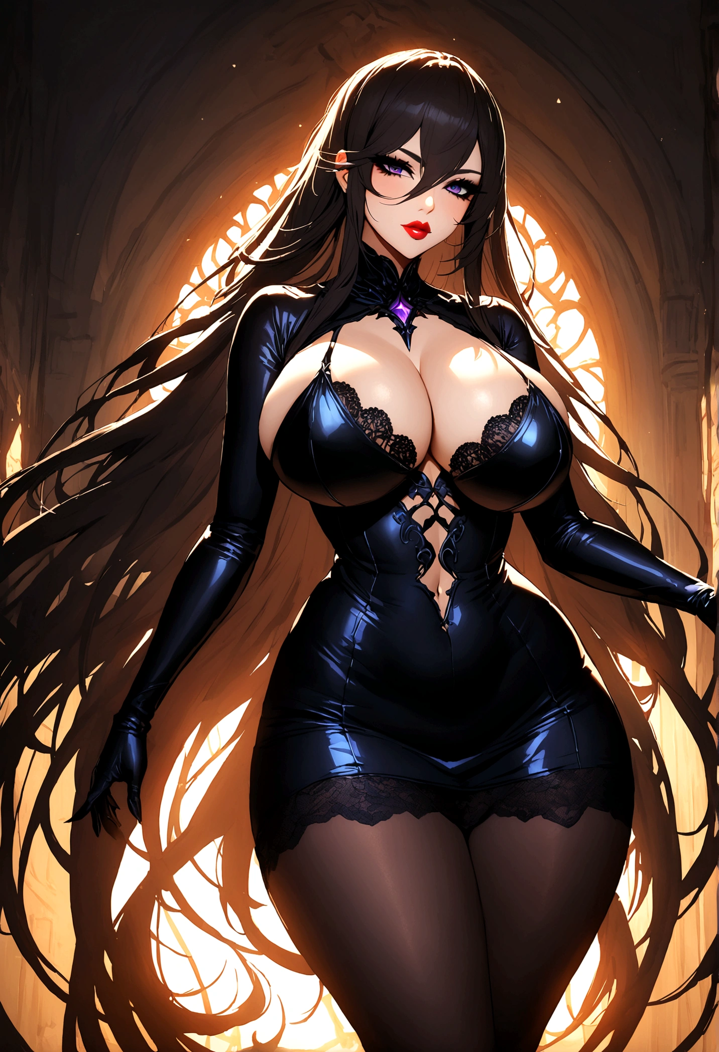 Create an image of a stunningly beautiful perfect dark fantasy girl, Stunningly gorgeous beautiful perfect sexy face, perfect makeup, lipstick, curved eyebrows, long luscious eyelashes, black eyeliner, long luscious hair, curved hour glass body figure, gigantic natural breats, showing cleavage, low cut dress, sexy  fantasy lace dress, fantasy open world,