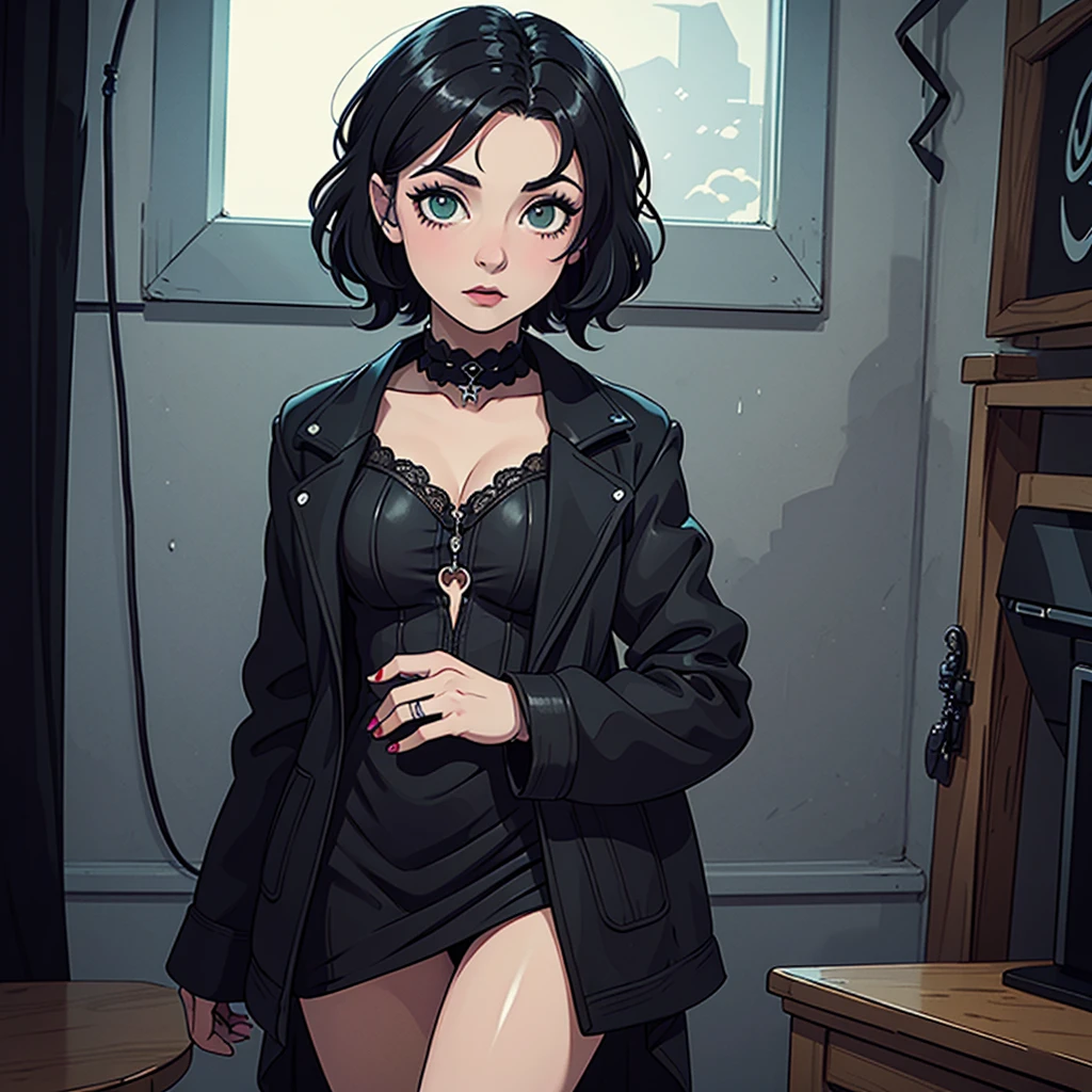 Create a comic-style image of a young woman with short black hair and green eyes. She is wearing a black jacket over a black dress and has gothic-style makeup. She is in a room with gothic decorations, standing and looking at the viewer. The image should be a half-body shot, with a gothic style, nighttime lighting, shadows, 2000s style, pale waves, England, goth girl, rock
