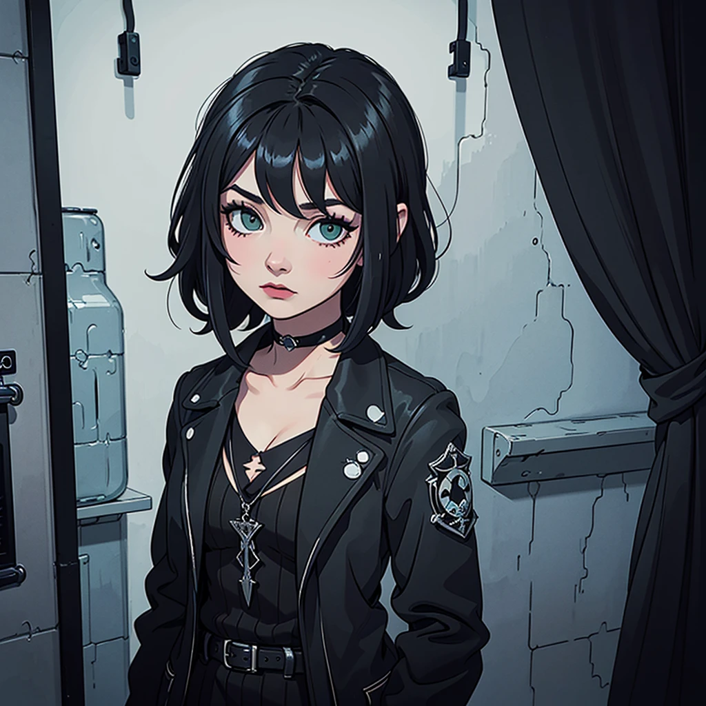 Create a comic-style image of a young woman with short black hair and green eyes. She is wearing a black jacket over a black dress and has gothic-style makeup. She is in a room with gothic decorations, standing and looking at the viewer. The image should be a half-body shot, with a gothic style, nighttime lighting, shadows, 2000s style, pale waves, England, goth girl, rock
