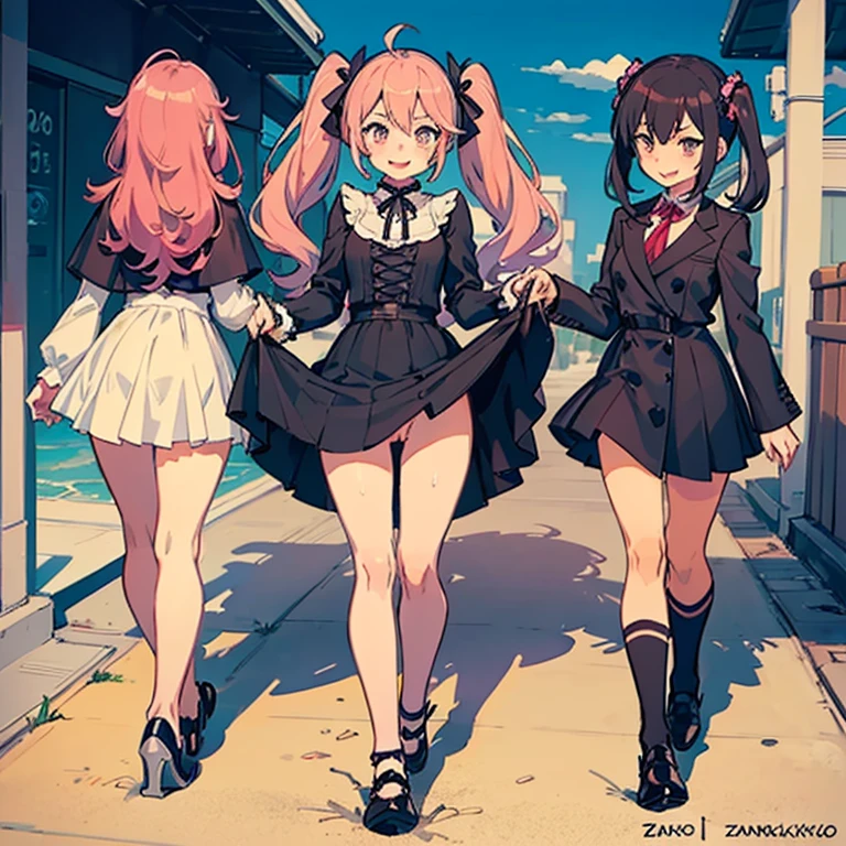 4 Girls with pink hair, long twintail hairstyle, small bushy eyebrows, wearing gothic lolita clothing, lolicon (Zankuro) drawing style by zankuro artist, Zancrow style, image uploaded to R34, walking to school, flirty smile, , lifting her skirt to show her vagina wet with semen