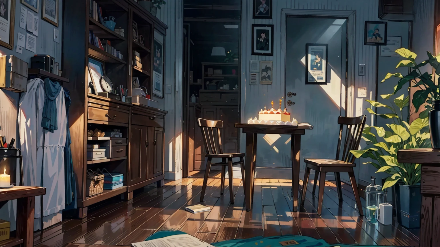 (best quality,masterpiece:1.2,detailed details,4k),A dim old apartment, a small birthday cake on an old wooden table, a modern apartment, an alarm clock on the wall, an anime scene,the wooden floor,