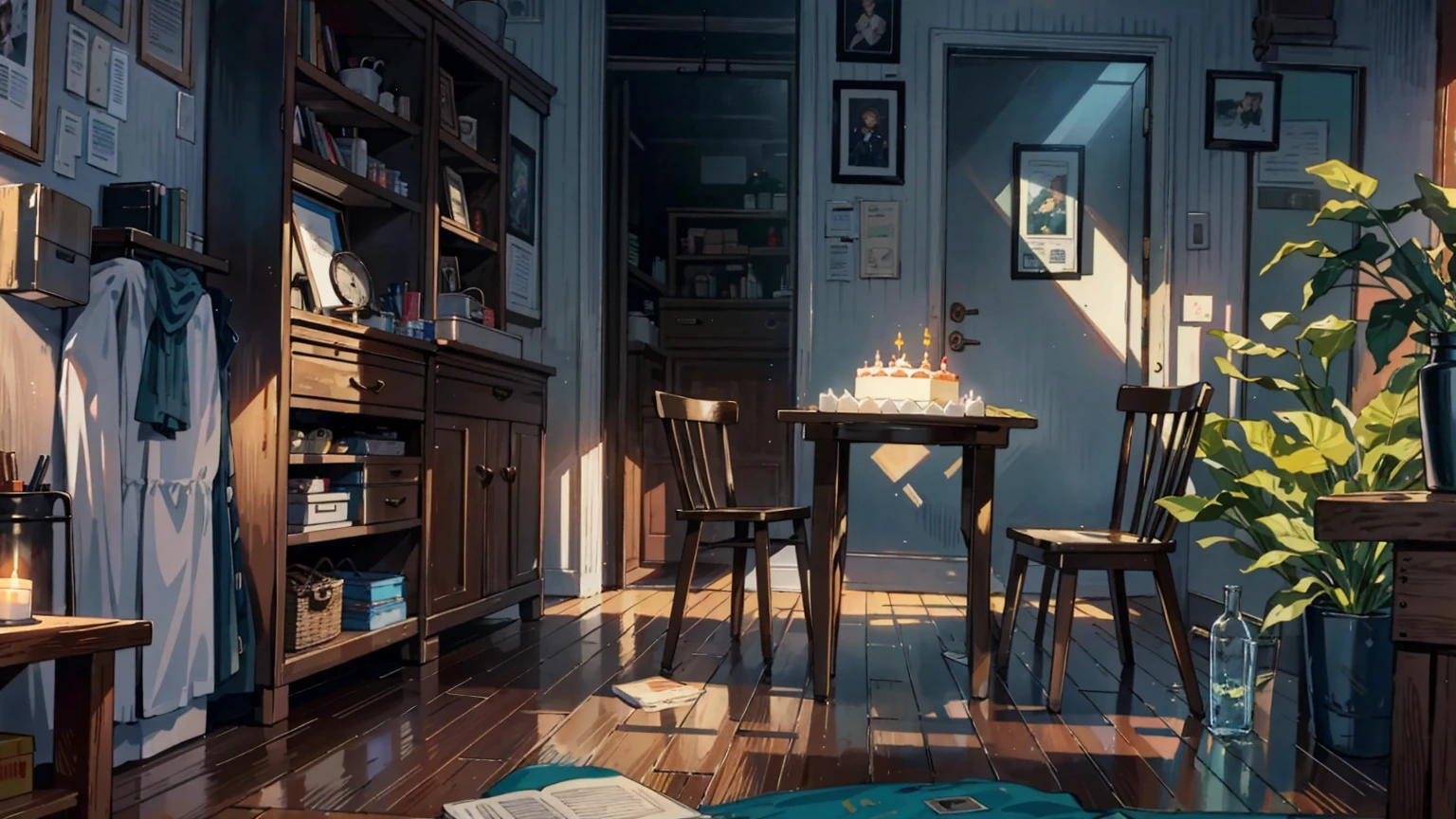 (best quality,masterpiece:1.2,detailed details,4k),A dim old apartment, a small birthday cake on an old wooden table, a modern apartment, an alarm clock on the wall, an anime scene,the wooden floor,