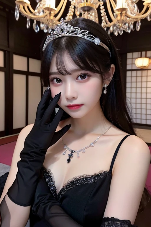 Best image quality、8K、Ultra-high resolution:1.5、Japanese、Delicate eyes、Sensitive face、Attractive face、Japanese、woman、chandelier、whole body、Black Dress、tiara、necklace、Long black lace gloves、Black face mask