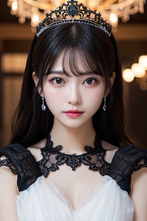 Best image quality、8K、Ultra-high resolution:1.5、Japanese、Delicate eyes、Sensitive face、Attractive face、Japanese、woman、chandelier、whole body、Black Dress、tiara、necklace、Long black lace gloves、Black face mask