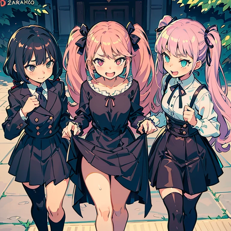 4 Girls with pink hair, long twintail hairstyle, small bushy eyebrows, wearing gothic lolita clothing, lolicon (Zankuro) drawing style by zankuro artist, Zancrow style, image uploaded to R34, walking to school, flirty smile, , lifting her skirt to show her vagina wet with semen