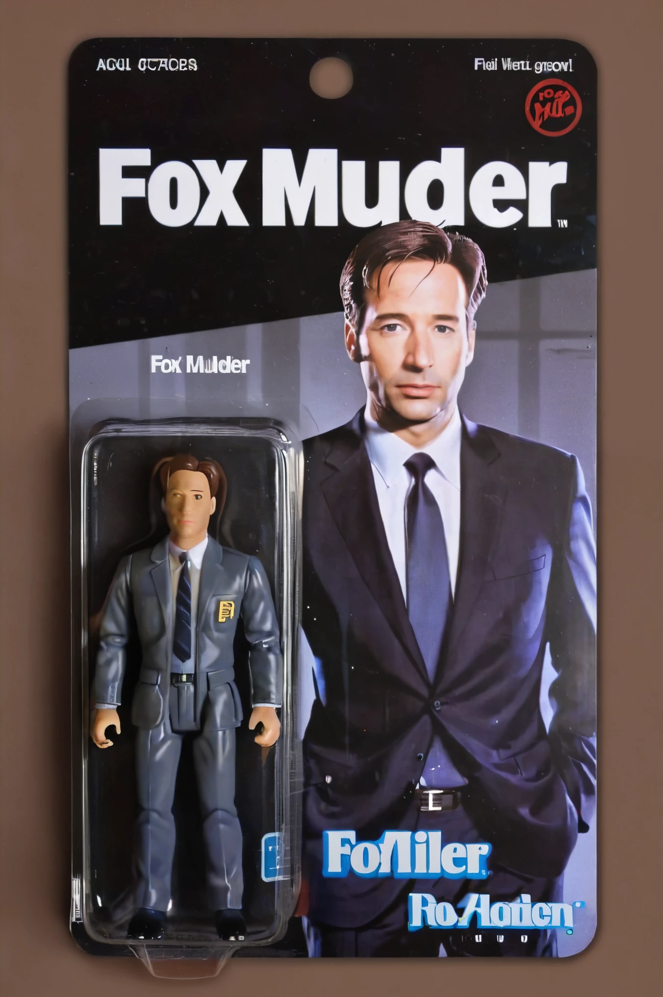 a toy of FBI agent fox mulder from the TV show x-files,  the name 'Fox Mulder' is printed in bold letters, 