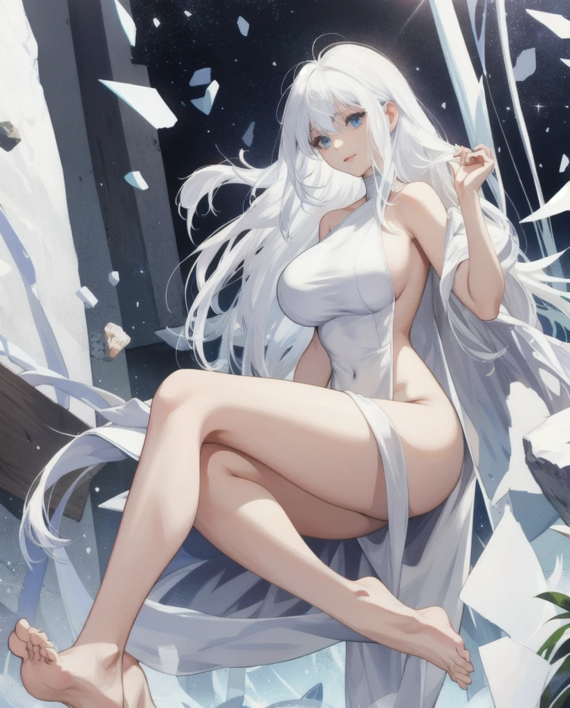Make a naked girl with big breasts white with white hair with beautiful feet and legs