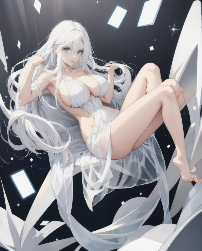 Make a naked girl with big breasts white with white hair with beautiful feet and legs