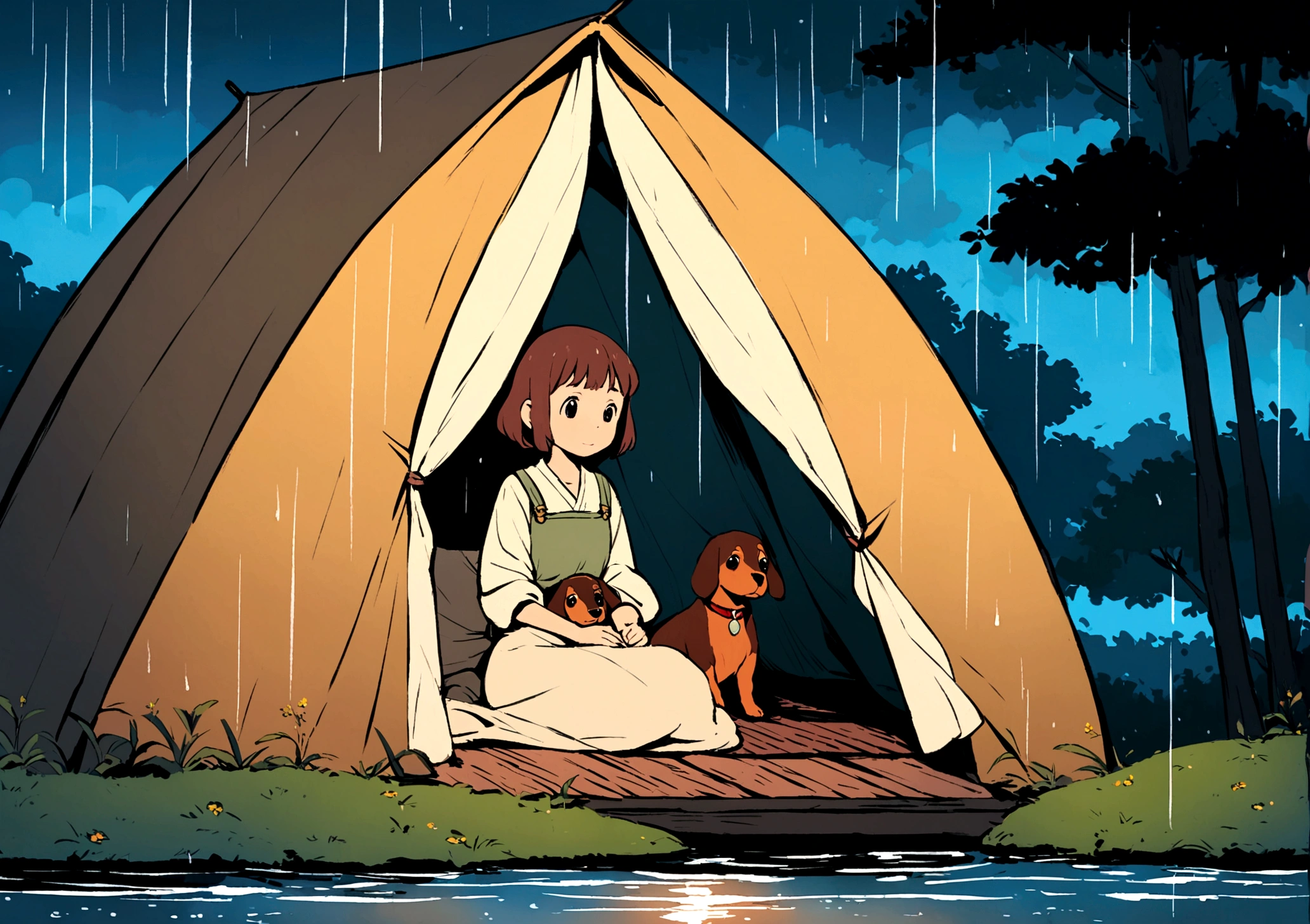 Create a vibrant and detailed image in the style of Studio Ghibli, inspired by "Princess Mononoke." The scene is set inside a cozy tent at night, with rain gently pattering against the tent's surface, creating a soothing atmosphere. Inside the tent, a miniature dachshund is resting peacefully, embodying a chill and relaxed demeanor. Alongside the dachshund, a woman is present, perhaps sitting or lying next to the dog, enjoying the tranquility of the moment. The woman's expression should be calm and content, reflecting the peaceful environment.

Outside the tent, the view extends to a serene lake, with the rain creating gentle ripples on the water's surface. The night sky, although cloudy due to the rain, should have a hint of the moonlight breaking through, adding a magical glow to the scene. The colors should be rich and vivid, capturing the enchanting essence of a Ghibli film. The surrounding nature should be lush and detailed, reminiscent of the mystical landscapes from "Princess Mononoke." The overall composition should create a harmonious blend of the cozy, rain-soaked tent interior, the miniature dachshund's serene presence, the woman's peaceful demeanor, and the tranquil, picturesque lake at night.