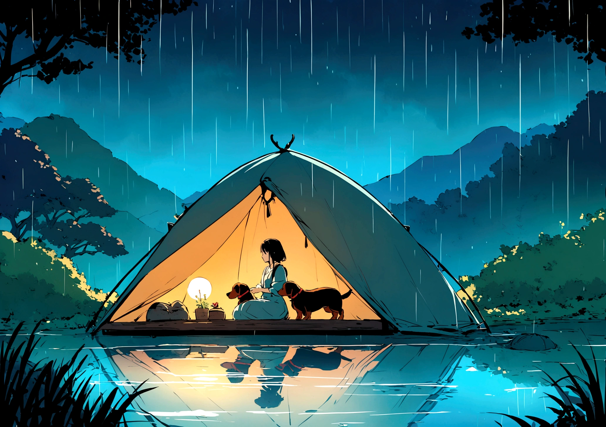 Create a vibrant and detailed image in the style of Studio Ghibli, inspired by "Princess Mononoke." The scene is set inside a cozy tent at night, with rain gently pattering against the tent's surface, creating a soothing atmosphere. Inside the tent, a miniature dachshund is resting peacefully, embodying a chill and relaxed demeanor. Alongside the dachshund, a woman is present, perhaps sitting or lying next to the dog, enjoying the tranquility of the moment. The woman's expression should be calm and content, reflecting the peaceful environment.
Outside the tent, the view extends to a serene lake, with the rain creating gentle ripples on the water's surface. The night sky, although cloudy due to the rain, should have a hint of the moonlight breaking through, adding a magical glow to the scene. The colors should be rich and vivid, capturing the enchanting essence of a Ghibli film. The surrounding nature should be lush and detailed, reminiscent of the mystical landscapes from "Princess Mononoke." The overall composition should create a harmonious blend of the cozy, rain-soaked tent interior, the miniature dachshund's serene presence, the woman's peaceful demeanor, and the tranquil, picturesque lake at night.