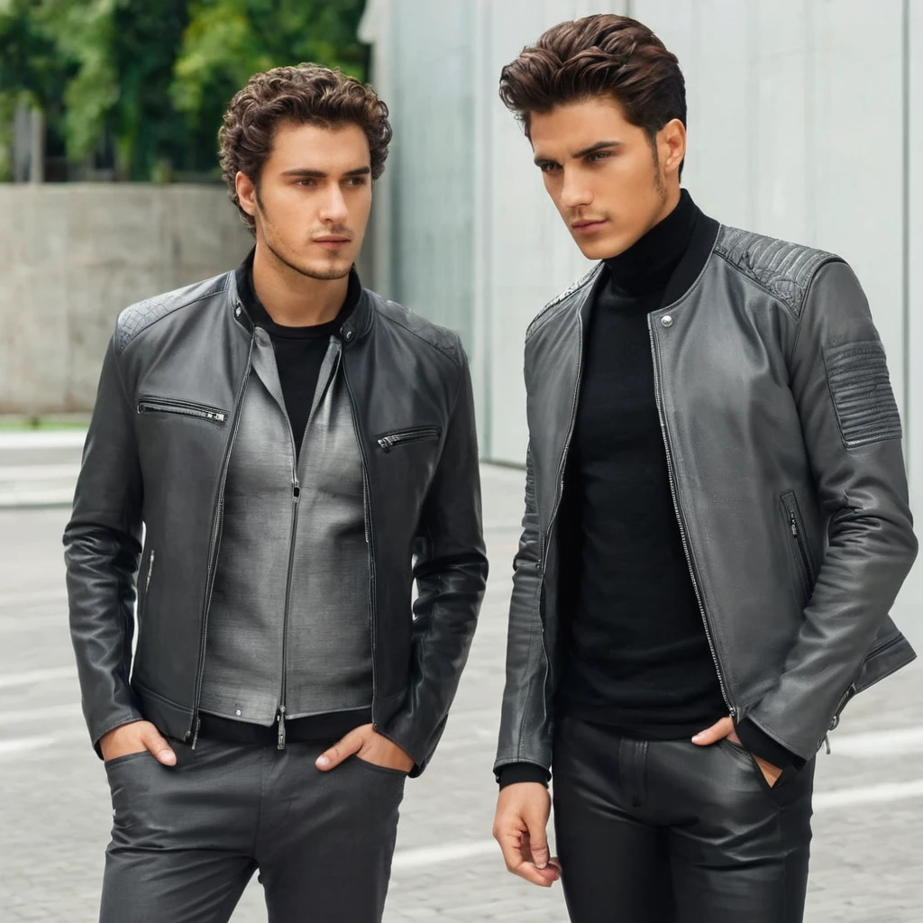 the old man has slightly curly hair, wears a gray suit and the young man wears a black leather jacket