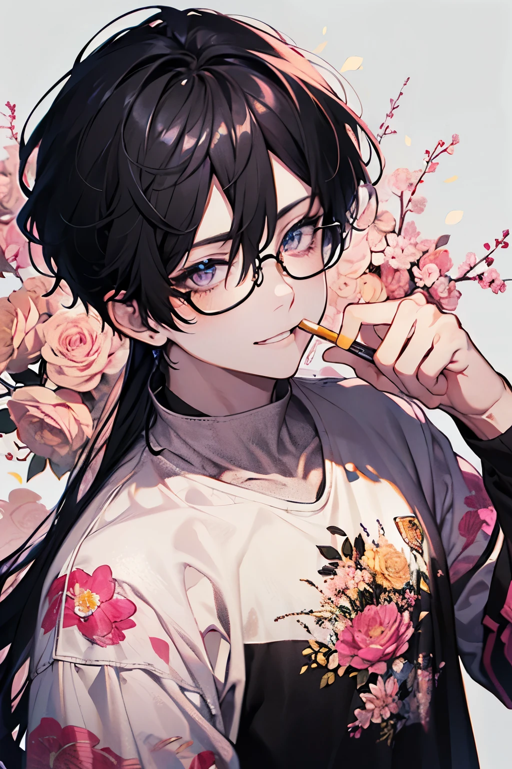 Beautiful young men's,black hair, marble color eyes,(muscle),Shiny Sparkling eyes,Colorful floral short-sleeved sweatshirt,(smokes),Alley, smoke,high quality, amount of drawing, pixiv illustration,beautiful image,perfect pixiv,upper body,smile,glasses,(White,yellow,pink,black)