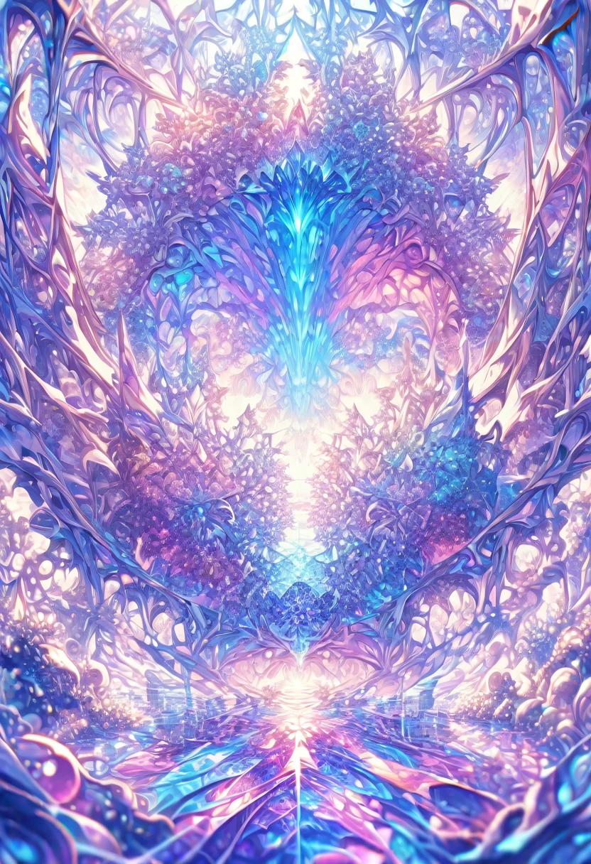 ((masterpiece)), (anime:1.3), ((Highest quality)), (Abstract art:1.5), (High resolution), (pale colour), Wide Shot, (Fractal structure:1.5), , landscape, (beautiful), (Biological atmosphere), deep sea, (pretty girl), beautiful白い髪, transparent Glass ice mirror Blue rose water晶 透き通っている water prism