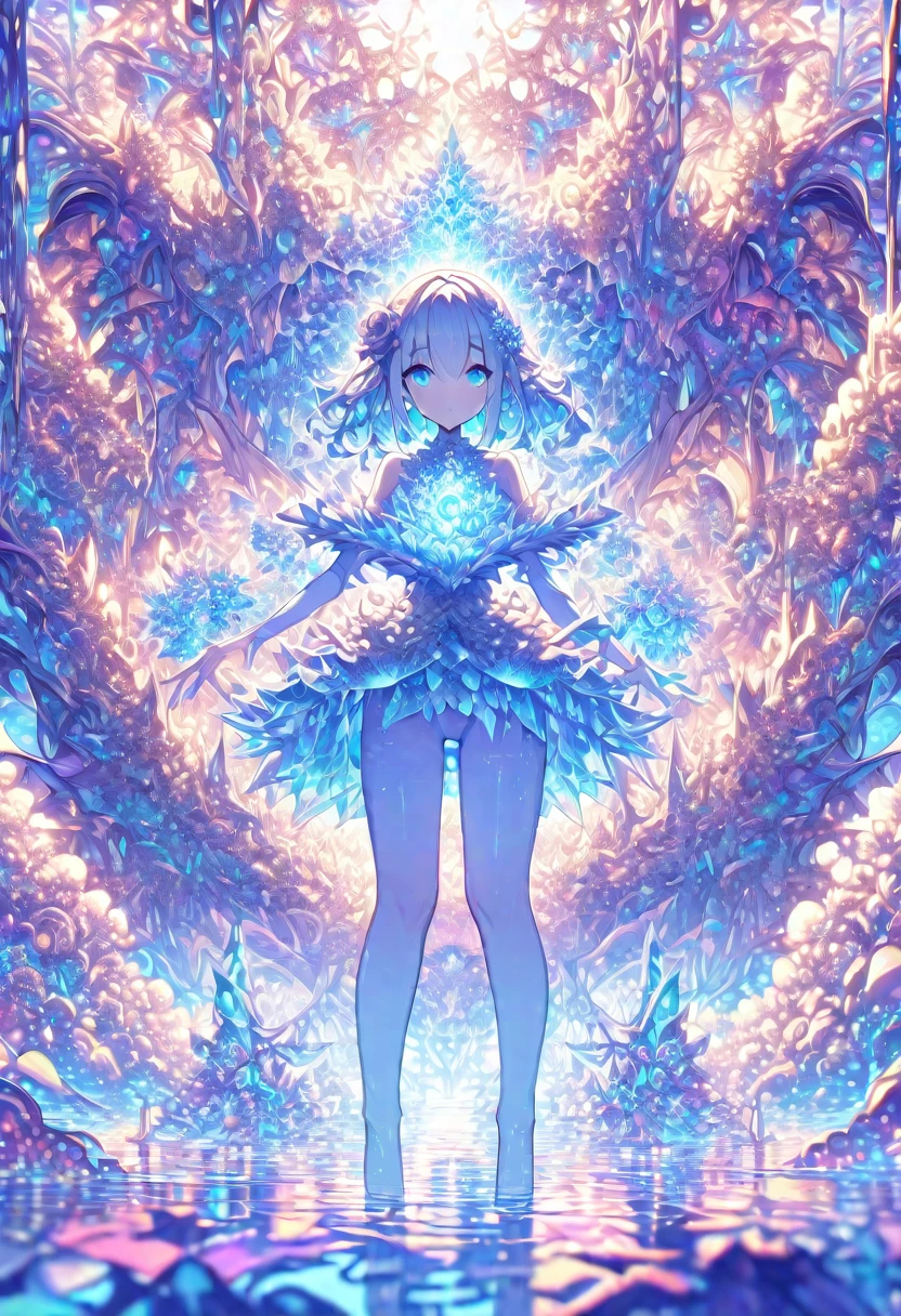 ((masterpiece)), (anime:1.3), ((Highest quality)), (Abstract art:1.5), (High resolution), (pale colour), Wide Shot, (Fractal structure:1.5), , landscape, (beautiful), (Biological atmosphere), deep sea, (pretty girl), beautiful白い髪, transparent Glass ice mirror Blue rose water晶 透き通っている water prism