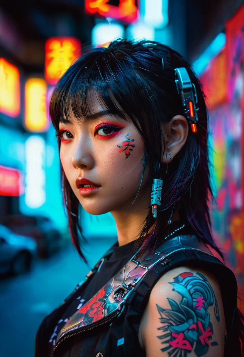 hyper-detailed portrait of a japanese girl, profile, overhead shot, low head, cyberpunk, tattoos, perfect red eyes, direct gaze, bright colors, very high contrast, side lighting, hair straight half-length hair, straight bangs, hair covers half the face, background with neon graffiti, hyper-realistic, 4K, half body portrait, cinematic, movie still, captured in the style of Sony Alpha A7 III camera