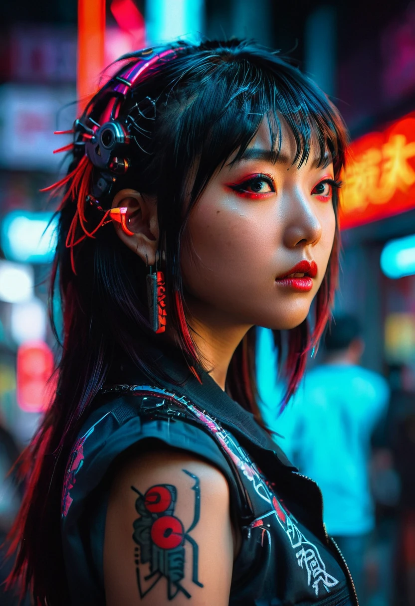 hyper-detailed portrait of a japanese girl, profile, overhead shot, low head, cyberpunk, tattoos, perfect red eyes, direct gaze, bright colors, very high contrast, side lighting, hair straight half-length hair, straight bangs, hair covers half the face, background with neon graffiti, hyper-realistic, 4K, half body portrait, cinematic, movie still, captured in the style of Sony Alpha A7 III camera