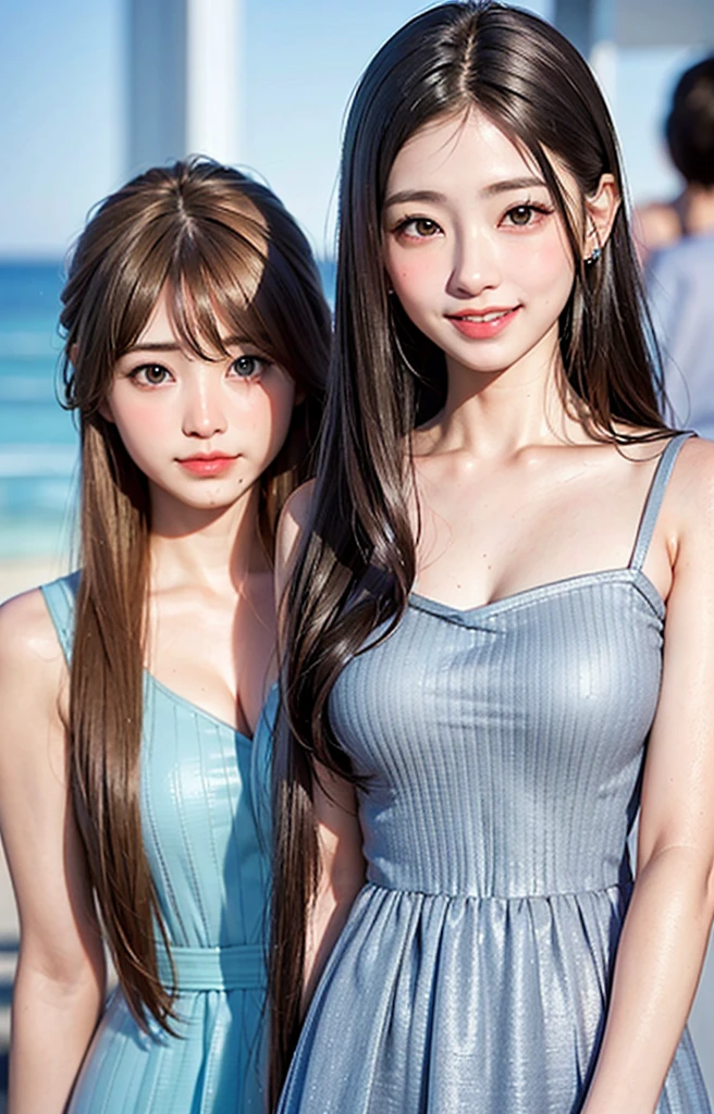 Highest quality、Realistic、Japanese、Women、zoom、cute、Ocean、Grey Eyes、Long Hair、Chestnut Hair、Back to all、the forehead is protruding、Light blue dress、Looking down、Big smile、 Shot、thin、Small 