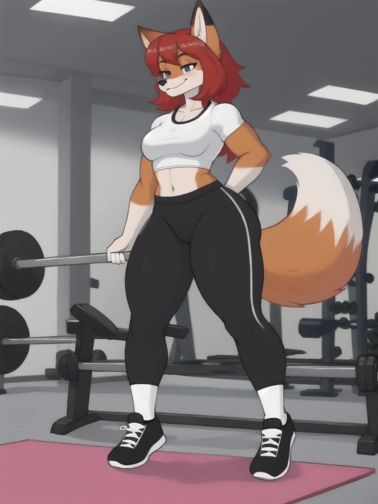 Furry, fox, female, white shirt, black leggings, shoes, gym, teen, full body