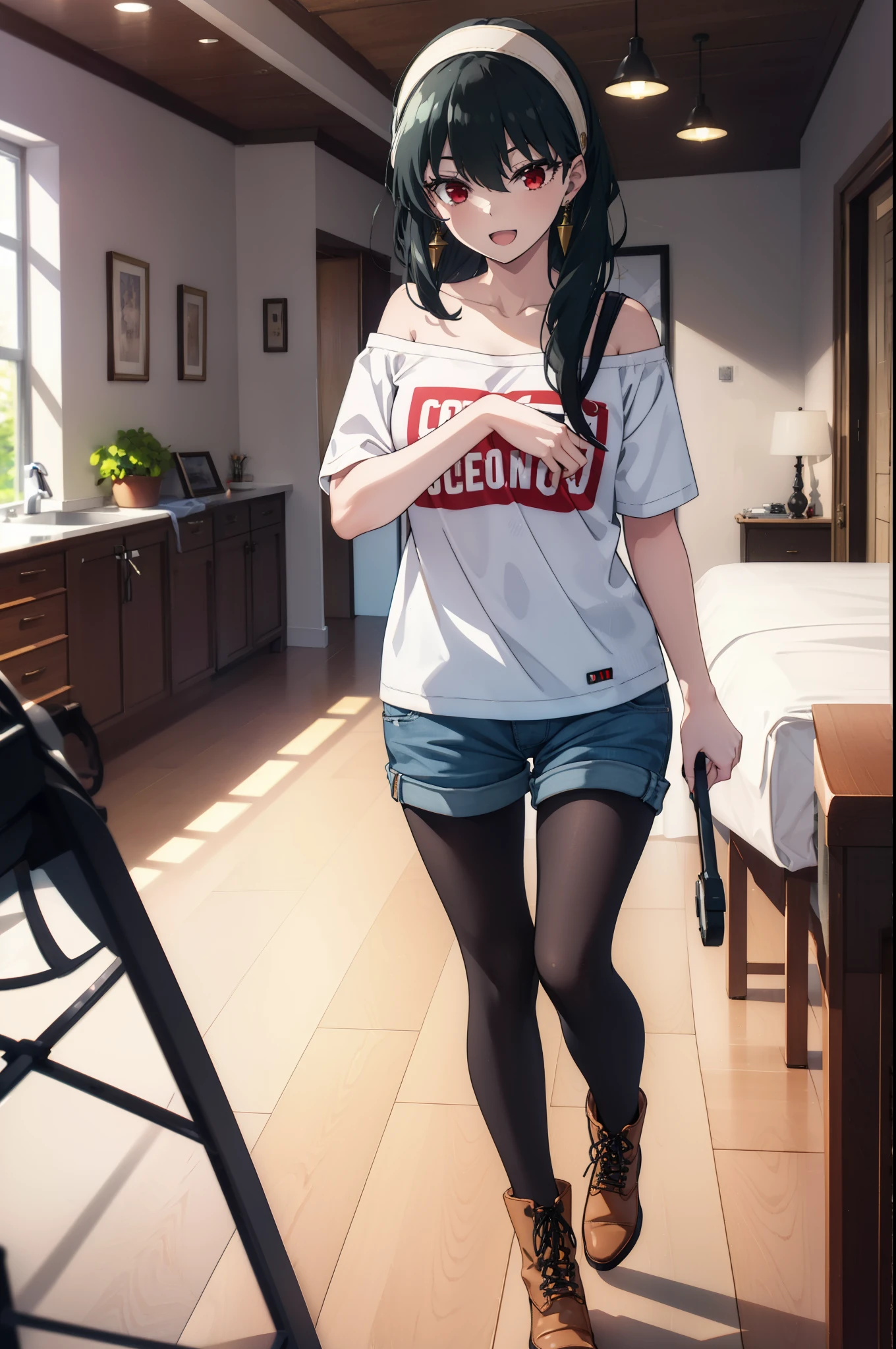 Yorbraia, Yor Briar, Black Hair, (Red eyes:1.5), Earrings, gold hair band, hair band, Long Hair, (Medium chest:1.2), happy smile, smile, Open your mouth,Oversized one-shoulder t-shirt,Shorts,Black pantyhose,short boots,,whole bodyがイラストに入るように,Walking,food, drink, Tables and chairs, cleaning, tray, tray in one hand
break indoors,room,living,
break looking at viewer, whole body,
break (masterpiece:1.2), Highest quality, High resolution, unity 8k wallpaper, (figure:0.8), (Beautiful attention to detail:1.6), Highly detailed face, Perfect lighting, Highly detailed CG, (Perfect hands, Perfect Anatomy),