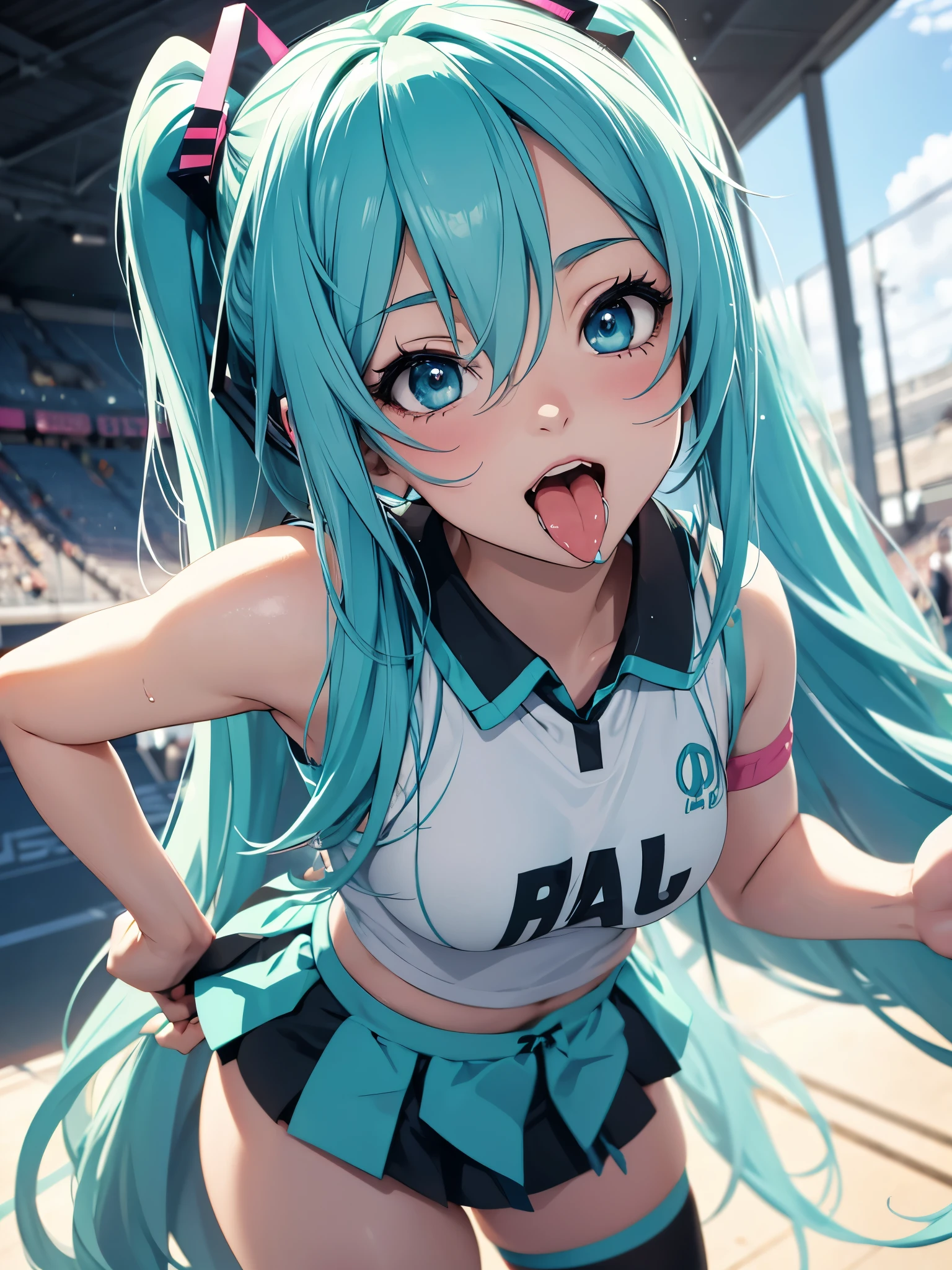Hatsune Miku, cheerleader, showing the tongue, makeup