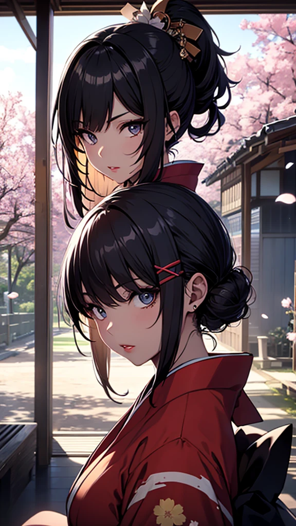 (1girl:1.3), Masterpiece, Best quality, amazing beauty, [[3D]], 4K, absurdres, finely detail, super detailed eye, perfect anatomy, official art, cinematic lighting, BREAK, silky long hair, silky side ponytail, black hair, super shiny detailed black eye, big eyes, sparkle(in the eyes), thick eyebrow, close-mouth, plump lips, Mascara, False eyelashes, red lips, hairpin, Looks like fun, BREAK , huge breasts, tall, medium, wheat skin, , BREAK , traditional Japanese setting, young woman in a colorful kimono, sitting gracefully, gazing at the scenic view, cherry blossoms in the background, serene atmosphere, natural lighting, high detail, BREAK,(kimono:1.3)