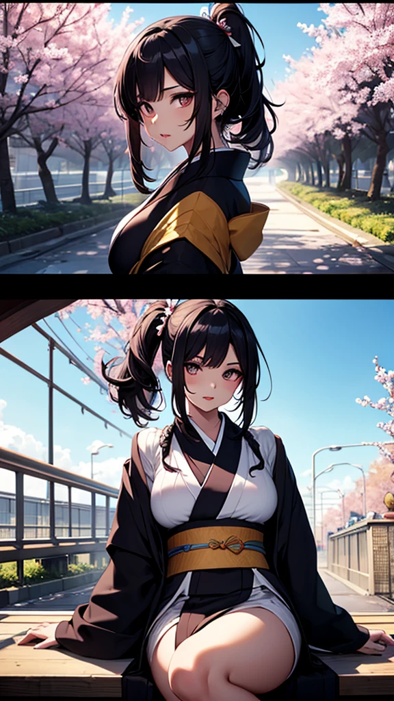 (1girl:1.3), Masterpiece, Best quality, amazing beauty, [[3D]], 4K, absurdres, finely detail, super detailed eye, perfect anatomy, official art, cinematic lighting, BREAK, silky long hair, silky side ponytail, black hair, super shiny detailed black eye, big eyes, sparkle(in the eyes), thick eyebrow, close-mouth, plump lips, Mascara, False eyelashes, red lips, hairpin, Looks like fun, BREAK , huge breasts, tall, medium, wheat skin, , BREAK , traditional Japanese setting, young woman in a colorful kimono, sitting gracefully, gazing at the scenic view, cherry blossoms in the background, serene atmosphere, natural lighting, high detail, BREAK,(kimono:1.3)